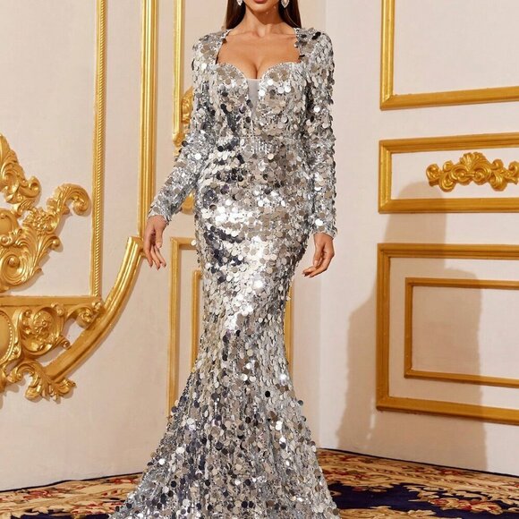 Silver Women's Sweetheart Neck Mermaid Hem Sequin Party Dress - Picture 5 of 6